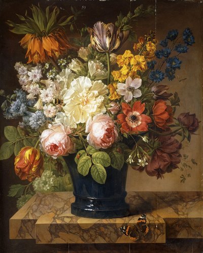 Blumen in einer Vase auf einem Marmorsims mit einem Admiral, einer Hummel, zwei Käfern und einer Libelle, 1807 von Joseph Laurent Malaine