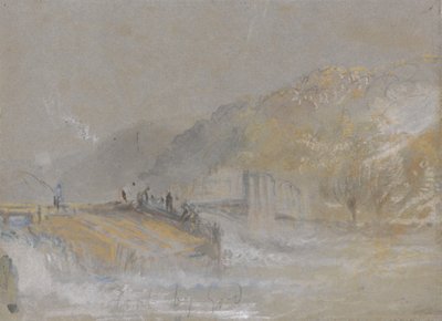 Foul, bei Gott: Flusslandschaft mit Anglern, die von einem Wehr aus fischen von Joseph Mallord William Turner