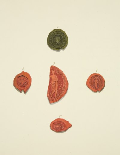 Fünf Siegel von Robert Atwaller, unbekanntes Siegel, Margaret Mewyrk, Priorin von St. Mary Magdalen und John Vrell von Joseph Manning