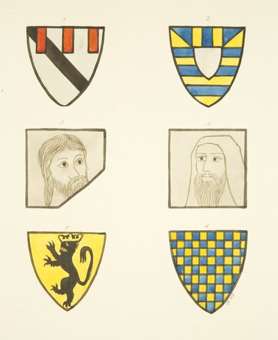 Vier Wappen und zwei Köpfe in Buntglasfenstern nördlich und südlich des Chors in der Kathedrale von Bristol von Joseph Manning