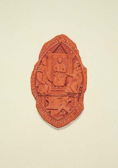 Vorderseite des Siegels von Matthew Parker, Erzbischof von Canterbury, zum Testament von Thomas Alyce, Kaufmann von Joseph Manning