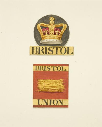 Hausabzeichen oder Feuermarken der Bristol Crown und Bristol Union Fire Offices von Joseph Manning