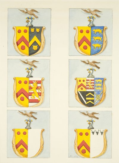 Sechs Wappen in Buntglasfenstern in den nördlichen und südlichen Seitenschiffen (östliches Ende) der Kathedrale von Bristol von Joseph Manning