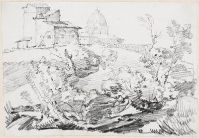 Ein Gebäude auf einem Hügel mit der Peterskirche in der Ferne von Joseph Marie Vien