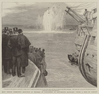 Lord George Hamiltons Empfang der Parlamentsmitglieder in der Werft von Portsmouth, Zündung einer Mine durch Kontakt von Joseph Nash