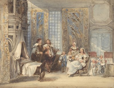 Szene mit Familie und Gast in einem Interieur des 17. Jahrhunderts, 1825-78 von Joseph Nash.