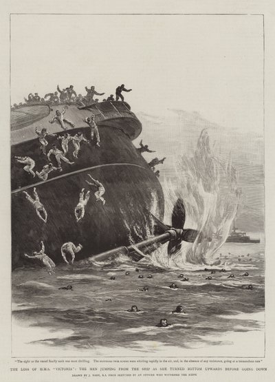 Der Verlust der HMS Victoria, die Männer springen vom Schiff, als es sich umdreht, bevor es untergeht von Joseph Nash