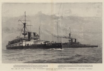 Der Verlust der HMS Victoria, die Doppelschrauben-Erstklassenschlachtschiffe HMS Camperdown und HMS Victoria von Joseph Nash