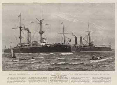 Die neuen Panzerschiffe, HMS Royal Sovereign und HMS Royal Arthur, die am Donnerstag von Ihrer Majestät der Königin in Portsmouth vom Stapel gelassen wurden von Joseph Nash