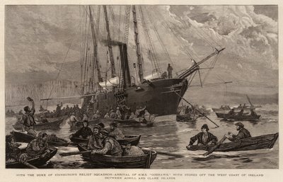 Mit dem Entlastungsgeschwader des Herzogs von Edinburgh, Ankunft der HMS Goshawk mit Vorräten vor der Westküste Irlands zwischen Achill und Clare Islands von Joseph Nash