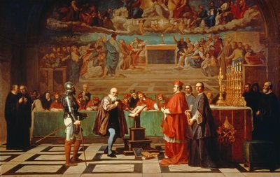 Galileo Galilei (1564-1642) vor Mitgliedern des Heiligen Offiziums im Vatikan im Jahr 1633, 1847 von Joseph Nicolas Robert Fleury