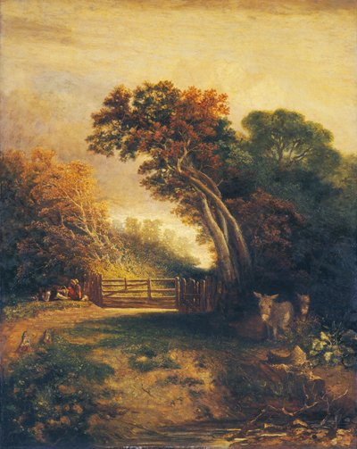 Landschaft mit Picknickern und Eseln an einem Tor von Joseph Paul
