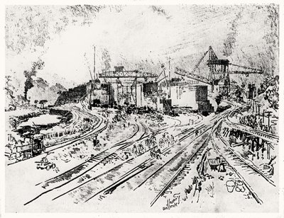 Bau der Miraflores-Schleuse, Platte XXI aus Der Panamakanal von Joseph Pennell, 1912 von Joseph Pennell