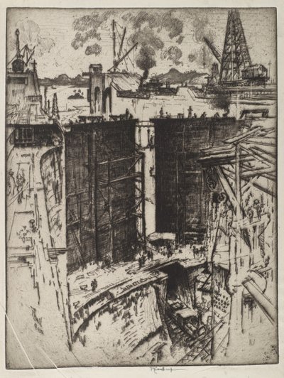 Das Wachttor, Gatun-Schleuse, Panama, 1912 von Joseph Pennell