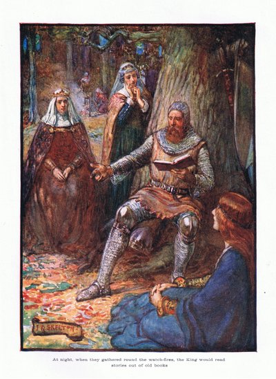 Nachts, wenn sie sich um die Wachfeuer versammelten, las der König Geschichten aus alten Büchern vor von Joseph Ratcliffe Skelton
