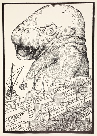 Das Tier, das aus dem Meer kam und all das Essen auffraß, das Suleiman-bin-Daoud für alle Tiere der Welt vorbereitet hatte, Illustration aus 