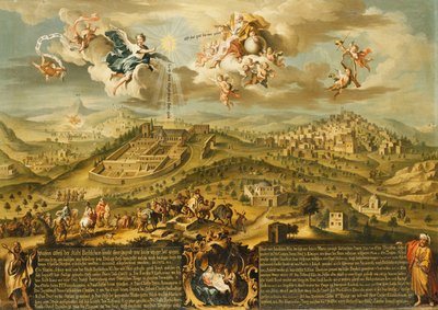 Ein Blick auf Bethlehem mit der Reise der Weisen, der Dreifaltigkeit oben und der Geburt in einer gemalten Kartusche unten, 1752 von Joseph Stephan