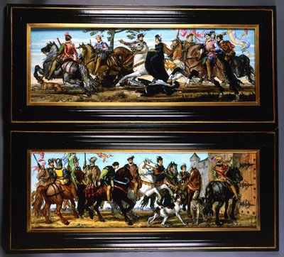 Ein Paar Töpferwandplatten, die mittelalterliche Szenen von Jägern mit Hunden darstellen von Joseph Theodore Deck