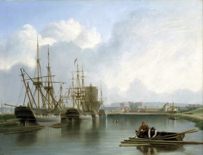 Beschreibung der Docks in Bristol (England), mit Indiaman-Schiffen, die amerikanisches Holz handeln und transportieren, und Holzladungen, die auf dem Wasser schwimmen, mit zwei Männern in einem Boot, die sie mit Haken und Gaffe sammeln von Joseph Walter