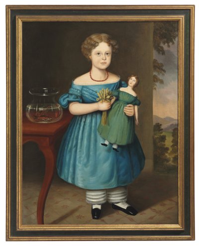 Porträt von Amy Philpot in einem blauen Kleid mit Puppe und Goldfisch von Joseph Whiting Stock