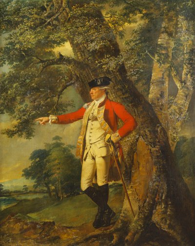 Porträt von Colonel Charles Heathcote, stehend, kleine volle Länge in einer bewaldeten Landschaft, in der Uniform des fünfunddreißigsten Fußregiments von Joseph Wright of Derby