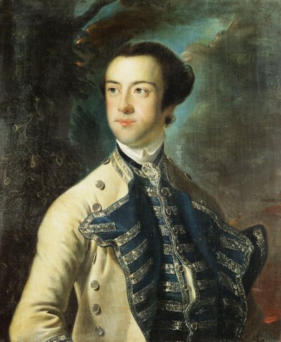 Porträt von Thomas Hanway, halblang, in einem beigen Mantel mit blauen und silbernen Verzierungen und einer blauen und silbernen Weste, einen Hut unter dem Arm haltend, in einer Landschaft von Joseph Wright of Derby