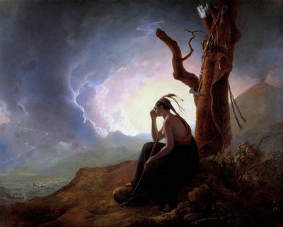 Die Witwe eines indischen Häuptlings wacht über die Waffen ihres Mannes von Joseph Wright of Derby