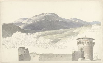 Landschaft bei Subiaco und Bauwerk in Rom von Josephus Augustus Knip