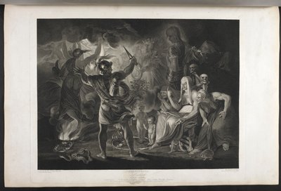 Macbeth. Akt IV. Szene I. Eine dunkle Höhle. In der Mitte ein kochender Kessel. Drei Hexen. Macbeth. Hekate. Macbeth steht den Hexen und den Erscheinungen gegenüber; zu seinen Füßen, in einer zusammengerollten Schlange, stehen ein kleines blutiges Kind und von Joshua (after) Reynolds