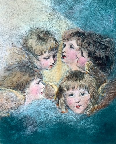 Engelsköpfe - Eine Kinderporträtstudie in verschiedenen Ansichten. Ölgemälde des englischen Malers Sir Joshua Reynolds (1723 - 1792) in den Jahren 1786/1787. Bilddatum: ca. 1910. Carl Simon Archiv von Joshua Reynolds