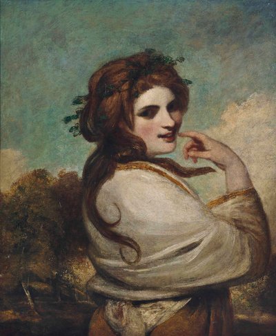 Porträt von Emma, Lady Hamilton, als Bacchantin, Halbfigur, in einem gelben Kleid und einem weißen Schal, in einer Landschaft von Joshua Reynolds