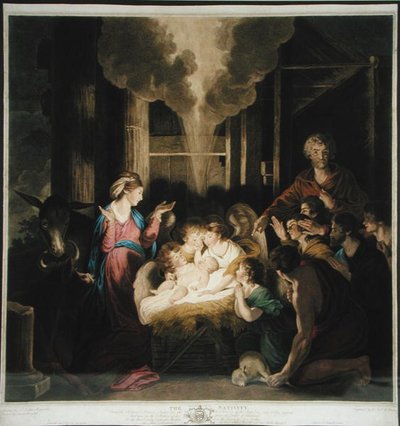 Die Geburt Christi, gezeichnet von Josiah Boydell und graviert von G.J & J.G Fracius von Joshua after Reynolds