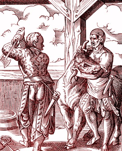 Ein Metzger - Essen und Kochen im Mittelalter. Stich von Jost Amman (1539-1591). Stich 1878 von Jost (after) Amman