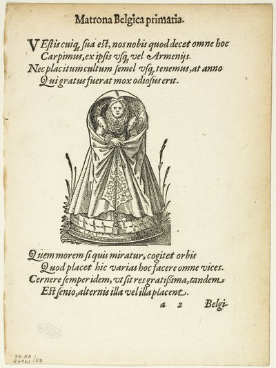 Matrona Belgica primaria (Belgische Matrone ersten Ranges) aus Gynaeceum, sive Theatrum Mulierum, Tafel 53 aus Holzschnitten aus Büchern des XVI. Jahrhunderts von Jost Amman