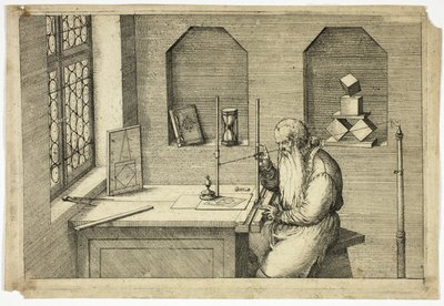 Porträt von Wenzel Jamnitzer in seinem Arbeitszimmer von Jost Amman