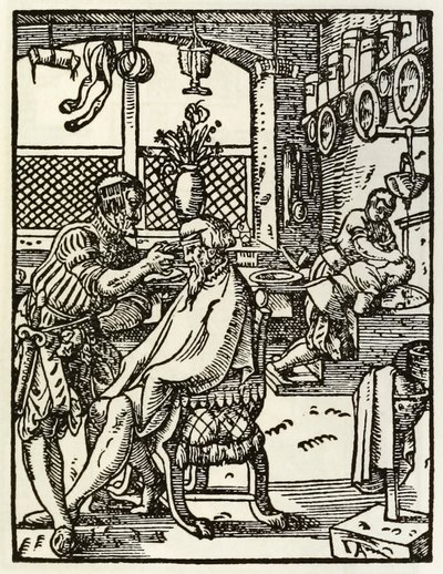Die Barbiere aus einer Serie, die Berufe und Handwerke darstellt, erstmals veröffentlicht in Das Ständebuch 1568 in Frankfurt, Deutschland von Jost Amman