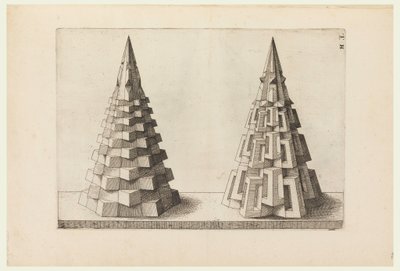 Zwei Kegel, Platte H. i. in Perspectiva. Corporium Regularium von Jost Amman