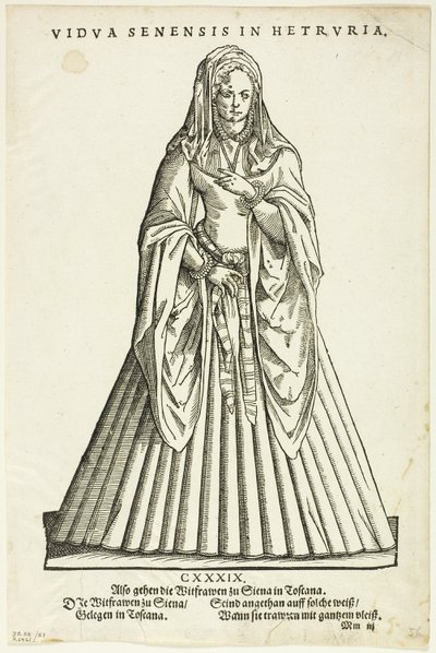 Vidua Senensis in Hetruria (Witwe von Siena in der Toskana) aus H. Weigels Trachtenbuch, Tafel 51 aus Holzschnitten aus Büchern des XVI. Jahrhunderts von Jost Amman