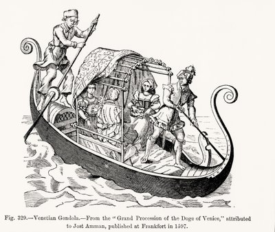 Venezianische Gondel, aus der großen Prozession des Dogen von Venedig, Illustration aus Wissenschaft und Literatur im Mittelalter und der Renaissance, geschrieben und graviert von Paul Lacroix, 1878 von Jost (after) Amman