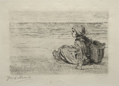 Mädchen mit Korb am Ufer sitzend von Jozef Israëls