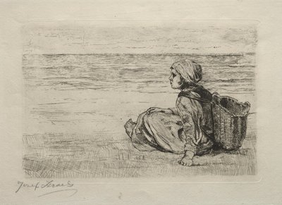 Mädchen mit Korb am Ufer sitzend von Jozef Israëls