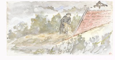 Landschaft mit Frau und Dach eines Hauses von Jozef Israëls