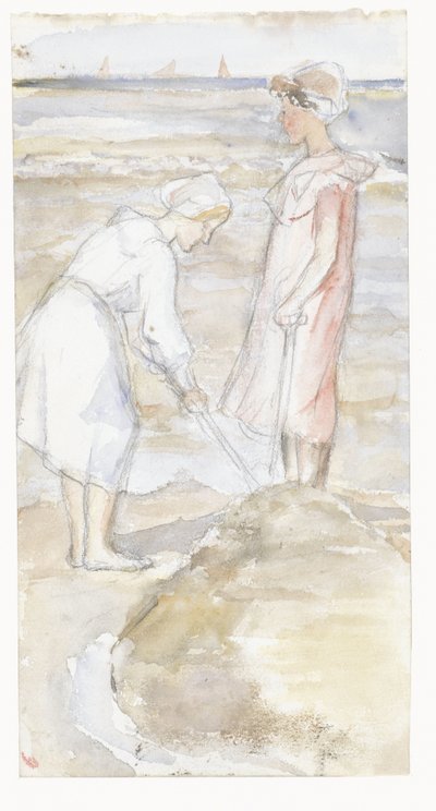 Zwei Mädchen in Rosa und Weiß am Strand von Jozef Israëls