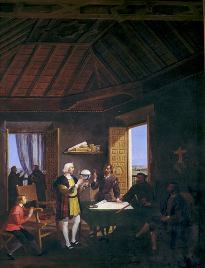 Der Physiker Garcia Fernandez, Pera Juan Perez und Martin Alonso Pinzon im Gespräch im Kapitelsaal des Klosters La Rabida von Juan Cabral Bejarano
