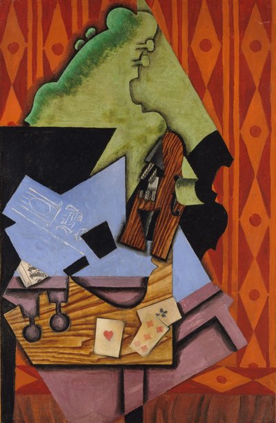 Geige und Spielkarten auf einem Tisch von Juan Gris