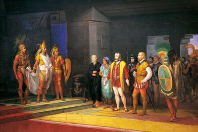 Hernán Cortés trifft Montezuma in Mexiko von Juan Ortega