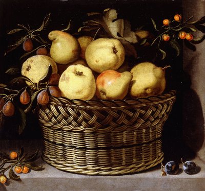 Ein Weidenkorb mit Früchten auf einem Steinsims von Juan van der Hamen y Leon