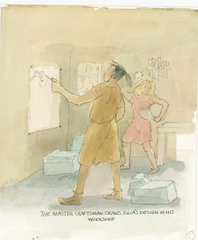 Der Meisterhandwerker entwirft Designs für Julias Mosaikboden, 2003 von Judith Dobie