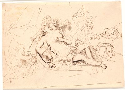 Ruhende Venusfigur, umgeben von sechs Putti, die mit Schwert, Pfeil und Herz spielen von Jürgen Ovens