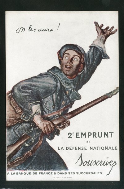 Postkarte, Satirisch in Farben: Krieg von 14-18, Leihen, Patriotische Tage - Soldaten Illustration von Abel Faivre (1867-1945) von Jules Abel Faivre